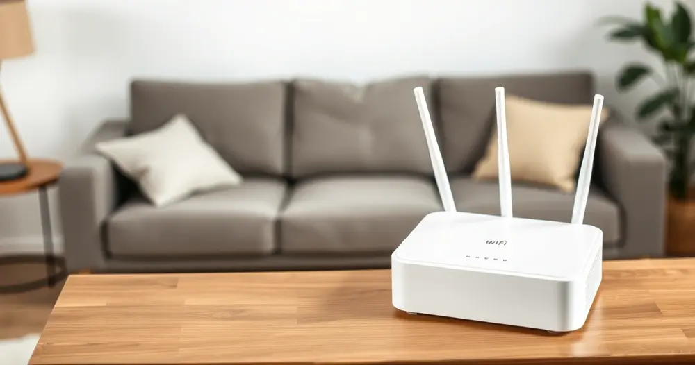 Roteador de internet com antenas apoiado sobre móvel em uma sala de estar