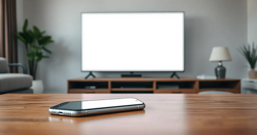 Celular apoiado sobre mesa de centro em frente a uma televisão em sala de estar