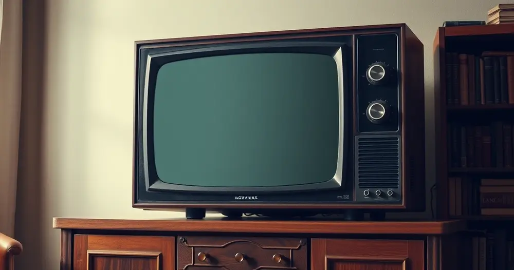 Aparelho de televisão antigo sobre móvel de madeira ao lado de uma estante de livros