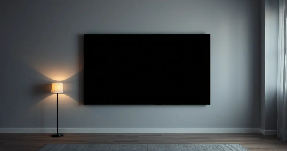 Televisão com a tela desligada em uma sala de estar com pouca iluminação