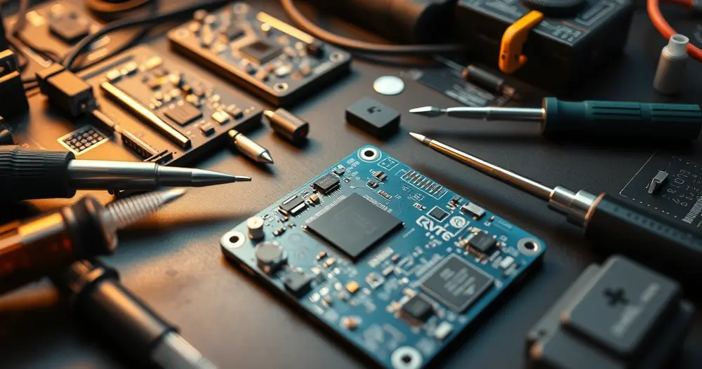 Bancada de oficina de assistência técnica com ferramentas e placas eletrônicas