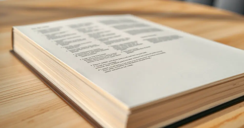 Livro de consulta aberto sobre uma mesa de madeira clara iluminada pela janela